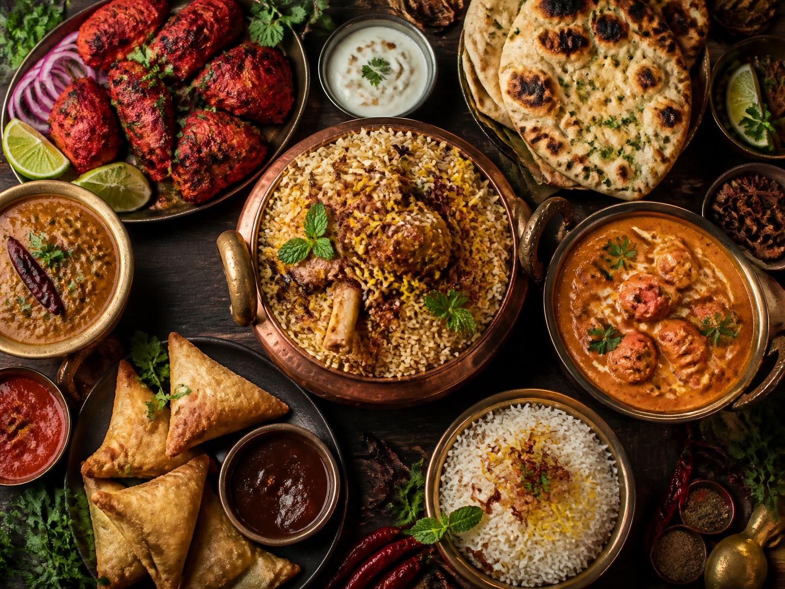 An overhead spread of Indian dishes — biryani, butter chicken, tandoori, samosas and naan