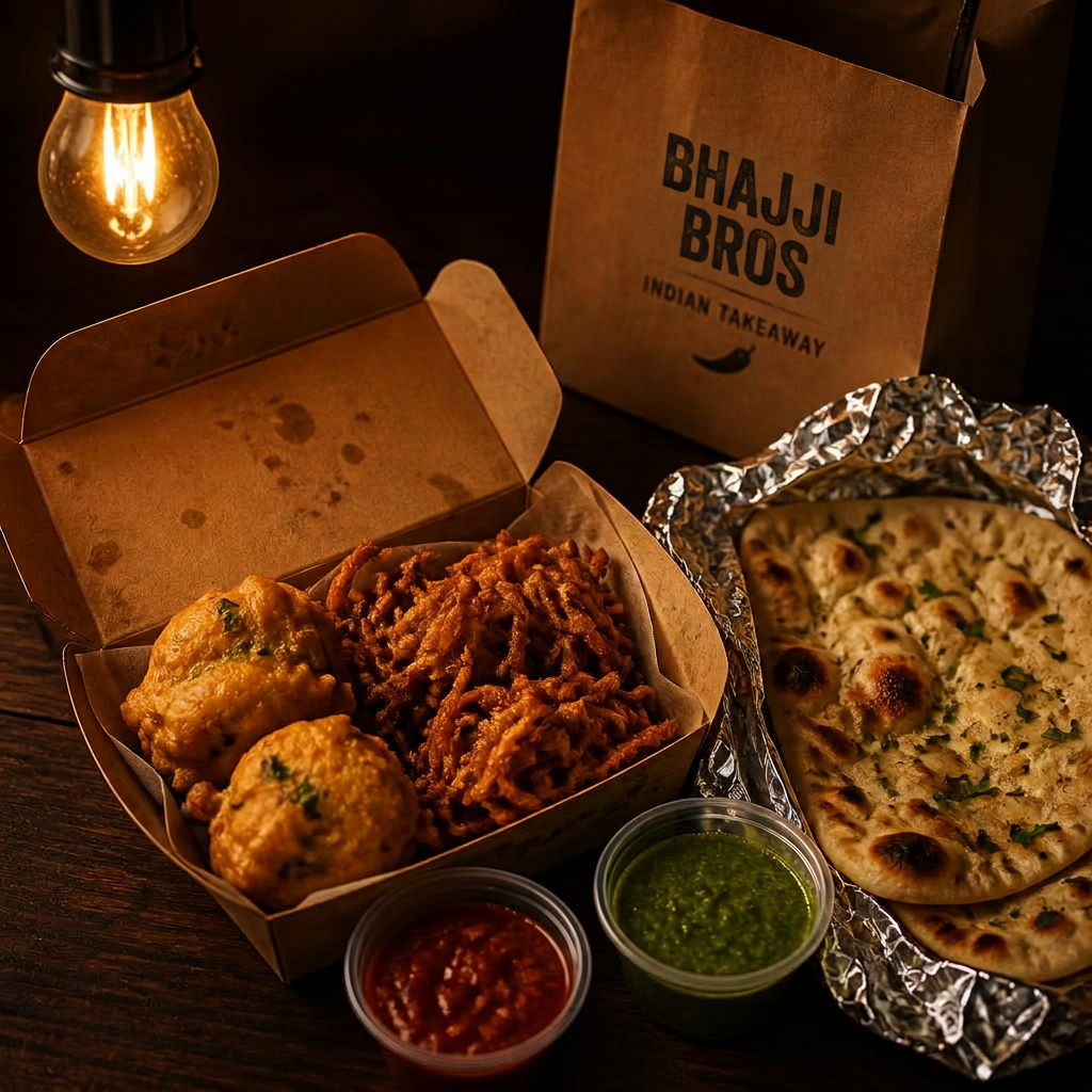 Indian takeaway box of pakoras and bhajis with chutneys and naan